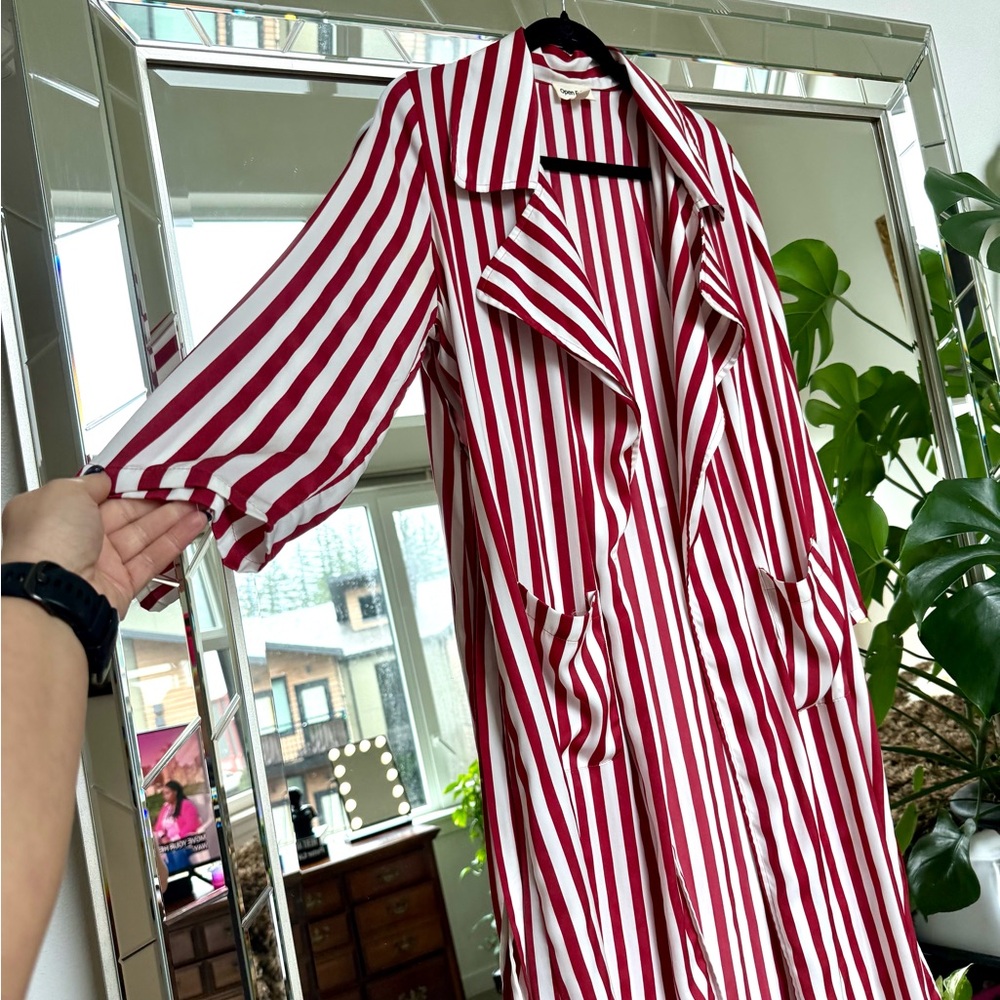 Open Edit | Red/White Striped Satin-Effect Duster - Picture 5 of 7